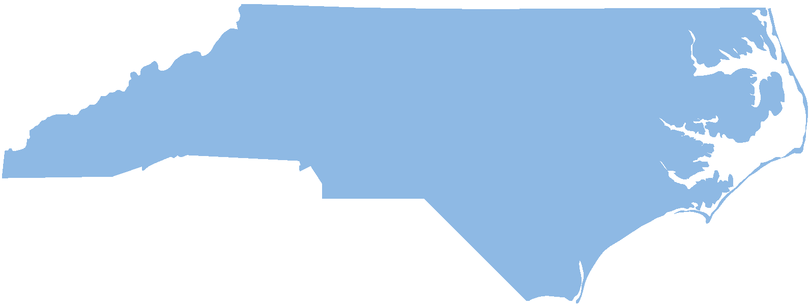 A silhouette of the state of North Carolina that is light blue